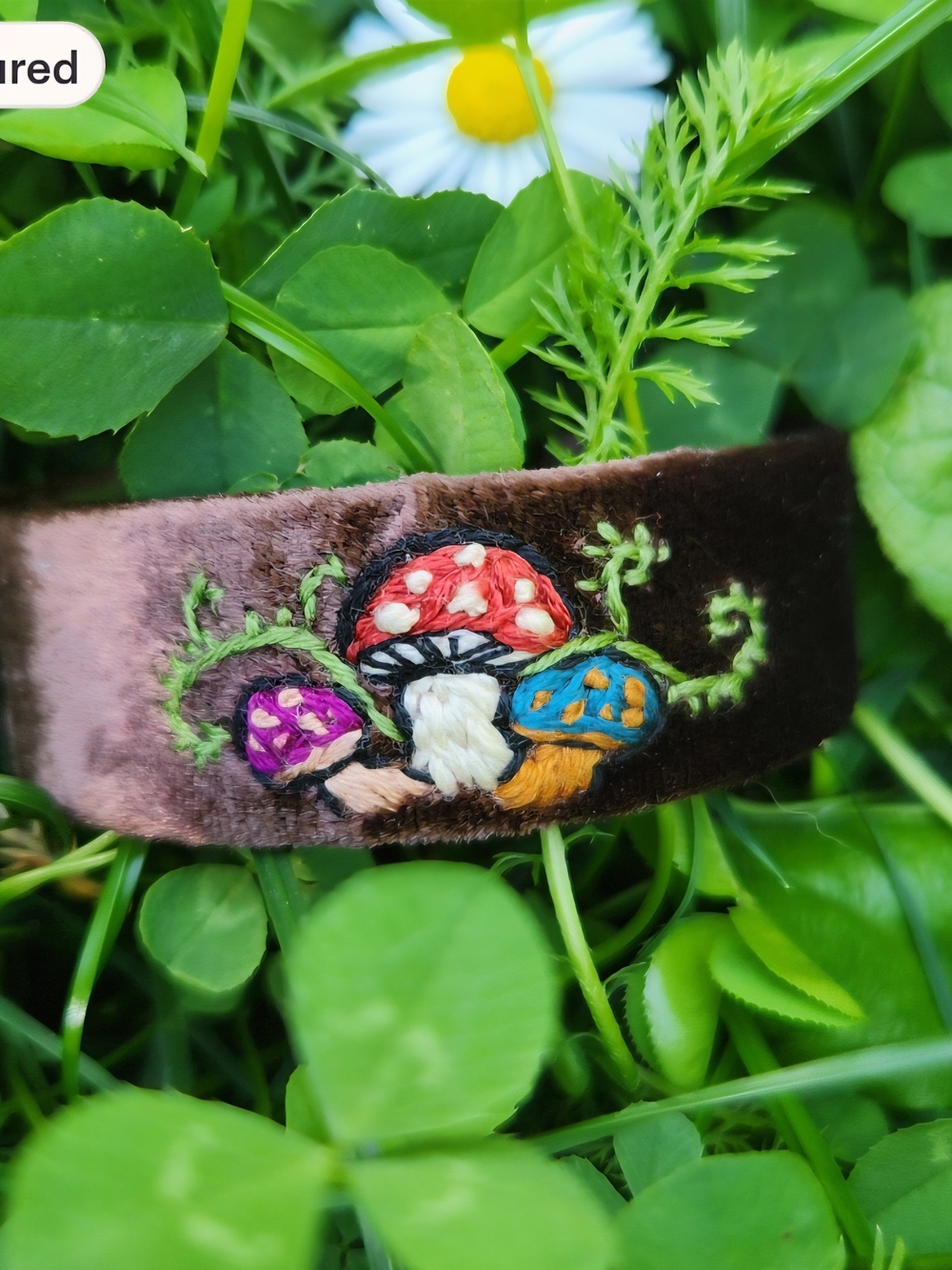 Velvet Hand-Embroidered Mushroom Cuff Bracelet